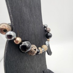 VTG 925 Silver Mixed Bead Hematite Onyx Bracelet 6.75″ Black Boho GUC