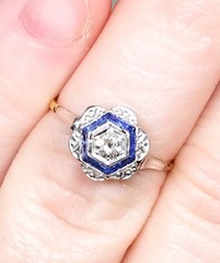 Art Deco Style Lab Created Diamond & Sapphire Anniversary 14K Gold Finish Ring