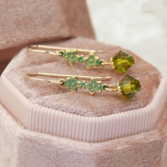 Vintage Style Gold Floral Green Crystal Earrings, Gift for Her, Daughter