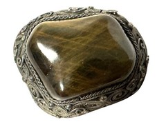 Vintage Large Tiger Eye Gemstone Silver Filigree Bezel Set Brooch