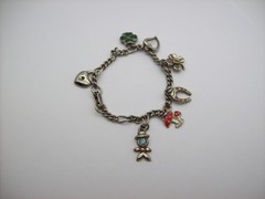 Vintage Silvertone Mix GOOD LUCK Charm Bracelet, Enamel, some made in Germany