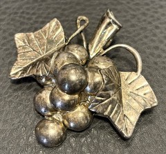 Signed MJ Silver Plated Grape Cluster Fruit Pendant VTG Brooch Modernist Jewelry