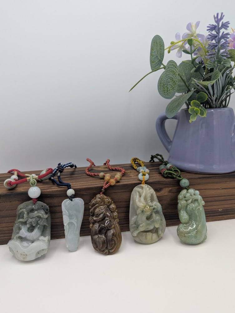 5 Chinese Carved Jade Pendants Pendant Lot – Goat, Sheep, Dragon, Fruit, Floral.
