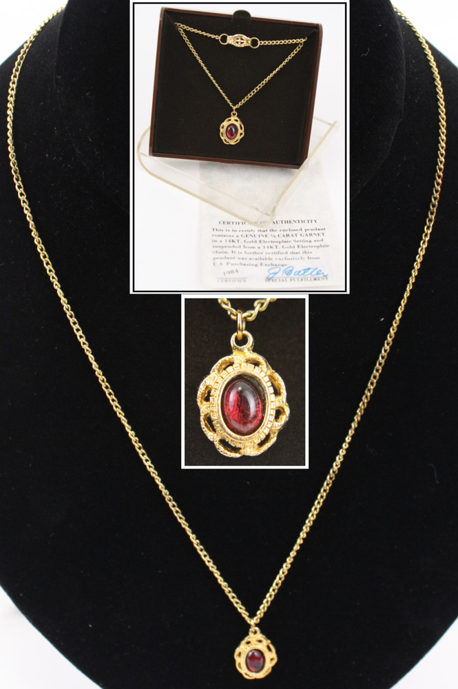 1984 Ronte Beverly Hills 1/2ct Garnet 14k Gold Electroplate Necklace Pendant COA