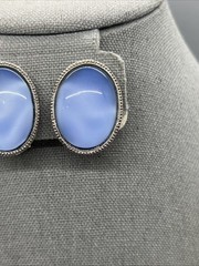 Vintage Blue Oval Clip On Earrings Silver Tone Bezel Cabochon Acrylic Mod Style