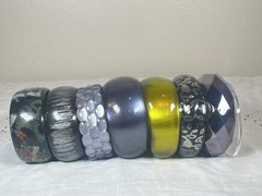 Lot of 7 Vintage Chunky Lucite Bangle Bracelets Gray, Green Moonglow, Faceted,