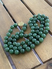 Jade Jadite 65 Bead Necklace Hand Knotted Gold Over 925 Clasp 1970 MCM Green 24”