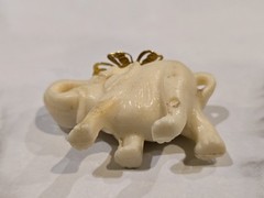 Vintage Celluloid Lucky Elephant Charm Pendant Faux Ivory Raised Trunk Gold Tone