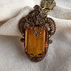 Antique Czech Amber Glass Filigree Pendant Necklace Rhinestone Chain Art Deco