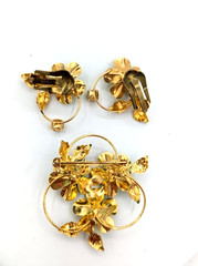 Vintage Brooch Earring Set Austrian Green Enamel Flowers Rhinestone Gold Tone