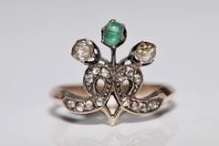 Antique Circa 1900s Ottoman 14k Gold Natural Rose Cut Diamond And Emerald Ring