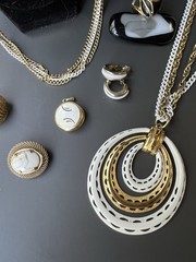 Vintage Black, White, & Gold Jewelry Lot Incl Avon, Sarah Coventry, Monet