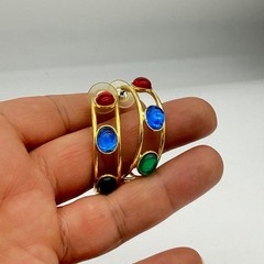 Vtg Mogul Hoop Earrings Gripoix Style Cabochon Red Blue Green Glass Large