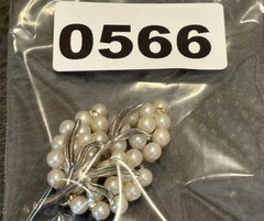 Vintage Silver Tone FAUX PEARL CRYSTAL RHINESTONE Leaf Shape BROOCH