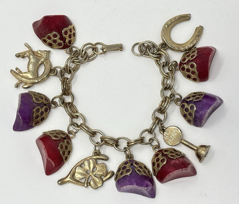 Vintage 60’s Chunky Charm Bracelet Lucky Horse Shoe Racing Purple Red Lucite