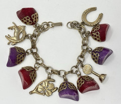 Vintage 60’s Chunky Charm Bracelet Lucky Horse Shoe Racing Purple Red Lucite