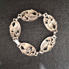 Danecraft Art Nouveau Revival Sterling Silver Signed Flower Panel Link Bracelet