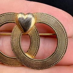 Vintage Gold Filled Brooch Double Circle Heart Love Wedding