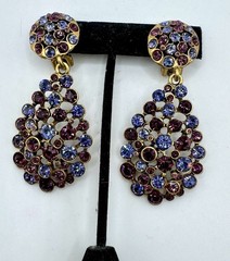 Vintage Oscar de La Renta Gold-Tone With Blue & Purple Crystal Drop Earrings