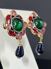 Gripoix Style Flower Earrings Enamel Glass Green Pink Gold Tone Cabochon Pierced