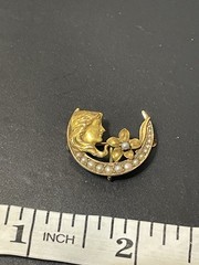 Vtg Brooch Pin Art Nouveau Deco 14K Gold Sees Pearl Woman Crescent Moon Flower