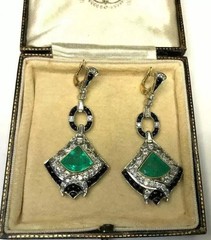 Art Deco Style Lab Created Emerald Diamond Engagement 14k White Gold FN Earrings