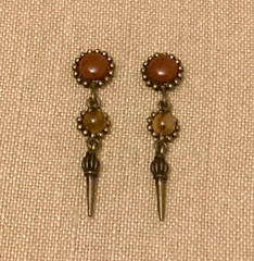 Vintage Earrings Red Amber Color Stone Dangle Pierced Post Ethnic Tribal Boho