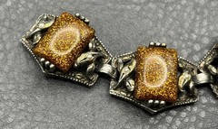 Vintage Silver Tone Bracelet Golden Faux Goldstone Glitter Resin Victorian Style
