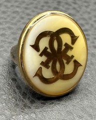 Vintage HUGE Gold Tone Monogram Statement Ring Cream Enamel Oval Signet Sz 7