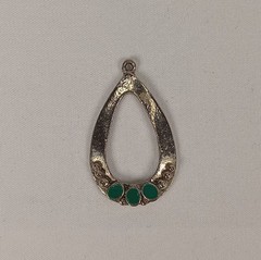 Vintage Open Teardrop Pendant Green Cabochon Bead Accent Silver Tone 1.25″