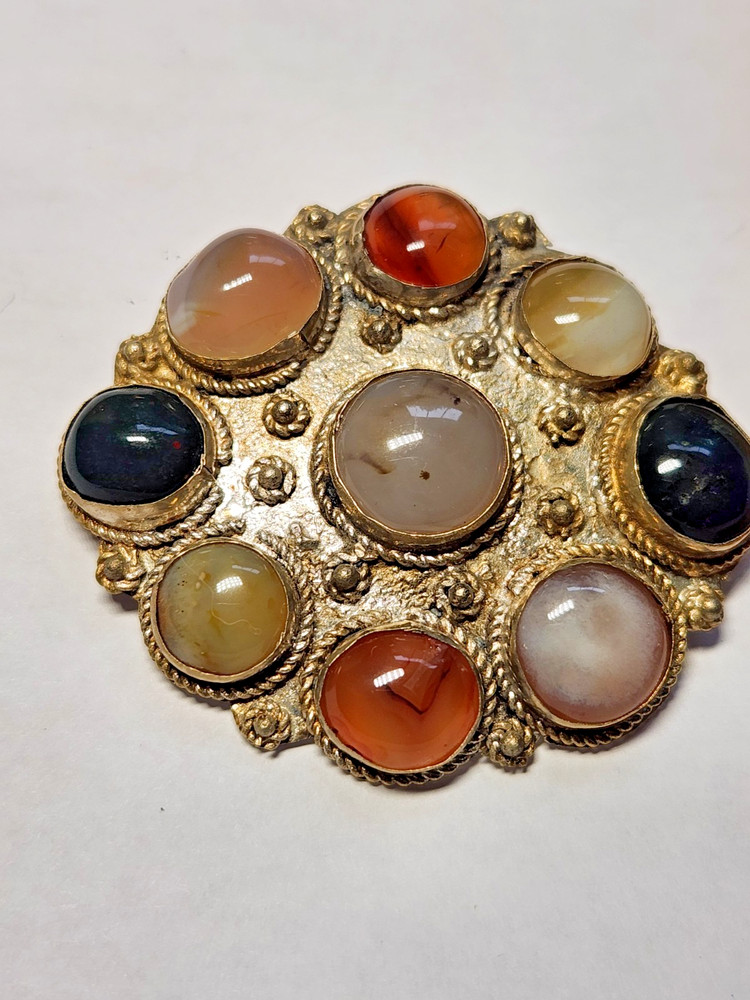 Vintage India Multi Stone Agate Cluster Brooch Pendant Handcrafted C-Clasp
