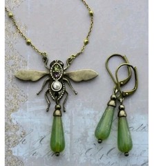 Vintage Art Nouveau Insect Necklace & Earrings Set Bronze Finish Amethyst Pearl