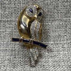 Vintage Gold Tone Owl Brooch Blue Baguette Eyes Rhinestone Pave Figural Pin