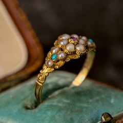 LOVELY SMALLER ANTIQUE GEORGIAN ENGLISH 18K GOLD PEARL TURQUOISE RUBY RING c1820