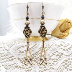 Antique Brass Dangle Earrings Black Gold Floral Acrylic Beaded Victorian Jewelry
