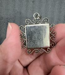 Vintage Style Filigree Pendant Fabric Inlay Square Silver Tone Charm Textile