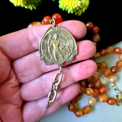 Vintage 1950 Bronze Art Nouveau Style Pendant Faceted Agate Foil Glass Necklace