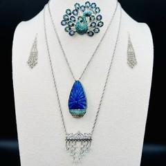 Cobalt Blue Statement Pendant Necklace Set Peacock Brooch Earrings Art Deco Look