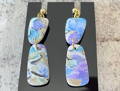Rectangle Dangle Pierced Earrings Blue, Purple, White Swirl Glam MCM Gold Tone