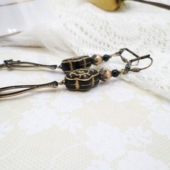 Antique Brass Dangle Earrings Black Gold Floral Acrylic Beaded Victorian Jewelry