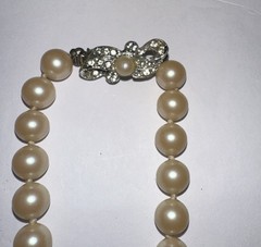 Faux Pearl Necklace Hand Knotted Cream Pearls 32″ Silver Tone & Diamanté Clasp
