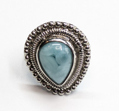 Blue Stone Teardrop Cocktail Beaded Edge Statement Ring Sz 8.25 Silver Tone