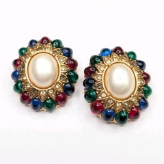 CINER Jewels Of India Moghul Glass Faux Pearl Clip On Gold Tone Earrings ⚠️Read