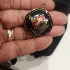 Vintage Cloisonne Enamel Floral Orchid Pendant Black Gold Tone Square 1.25 Inch