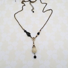 Victorian Reproduction Hand Necklace, Cream Black Gold Acrylic Metal Jewelry