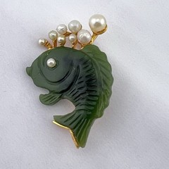 Vintage Swoboda Brooch Pin Jade Carved Fish Faux Pearl Bubble Gold Tone Estate