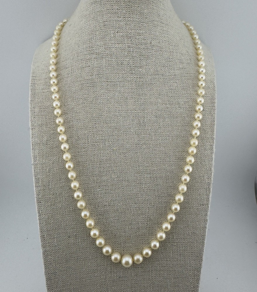 Vintage Graduated 5-8mm Strand Japanese Akoya Pearl Necklace Sterling Silver 21″
