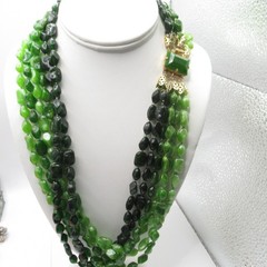 Three Shade Multi-strand Beaded Necklace Greens Black Hong Kong Vintage