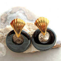 Vtg Black Hematite Hoop Stone Gold tone Door Knocker Earrings Interchangeable