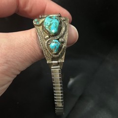 Effie Calavaza Zuni Signed Turquoise Snake Watch Vintage Native American Jewelry
